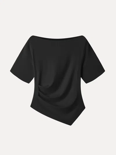 Oglmove Cotton Blend Boatneck Elbow Sleeve Asymmetrical Tucked Top In Black