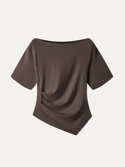 Oglmove Cotton Blend Boatneck Elbow Sleeve Asymmetrical Tucked Top In Hazelnut Coco