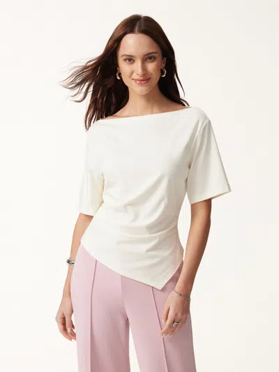 Oglmove Cotton Blend Boatneck Elbow Sleeve Asymmetrical Tucked Top In Milk Cream