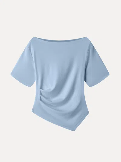 Oglmove Cotton Blend Boatneck Elbow Sleeve Asymmetrical Tucked Top In Steel Blue