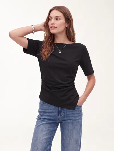 Oglmove Cotton Blend Boatneck Elbow Sleeve Tucked Top In Black