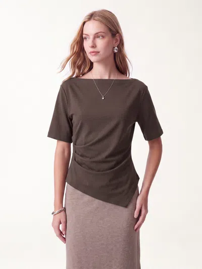 Oglmove Cotton Blend Boatneck Elbow Sleeve Tucked Top In Hazelnut Coco