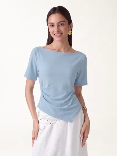 Oglmove Cotton Blend Boatneck Elbow Sleeve Tucked Top In Steel Blue