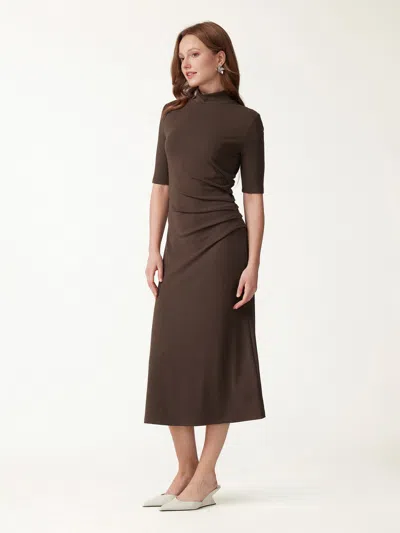 Oglmove Cotton Blend Mock Neck Elbow Sleeve Tucked A-line Midi Dress In Hazelnut Coco