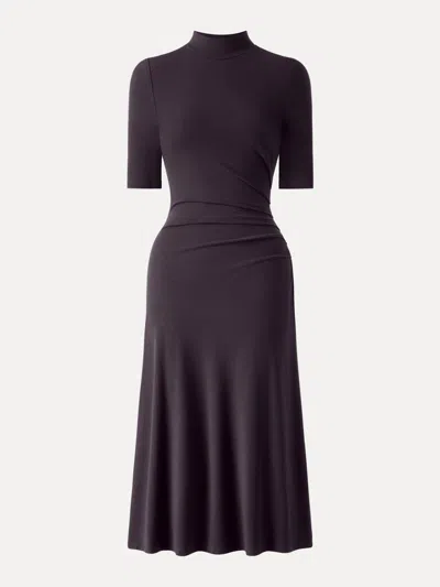 Oglmove Cotton Blend Mock Neck Elbow Sleeve Tucked A-line Midi Dress In Purple Gloam
