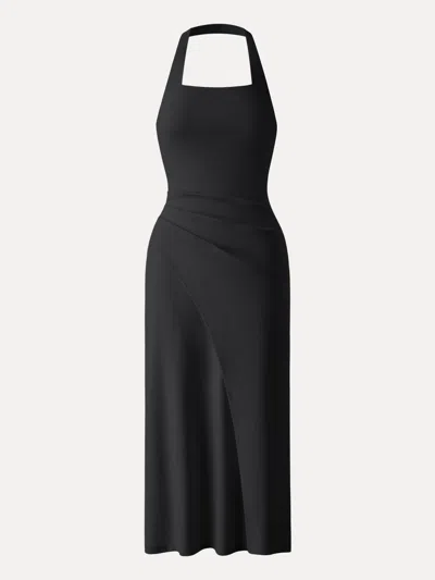 Oglmove Cotton Lyocell Halter Square Neck Tucked Maxi Dress In Black