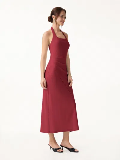 Oglmove Cotton Lyocell Halter Square Neck Tucked Maxi Dress In Red