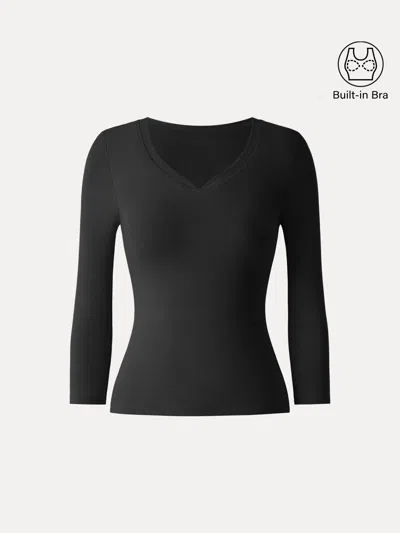 Oglmove Cotton Lyocell Heart-shaped 3/4 Sleeve Bra Top In Black