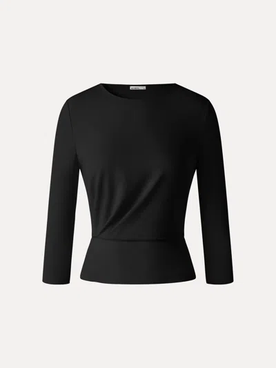 Oglmove Cotton Lyocell Round Neck 3/4 Sleeve Tucked Top In Black