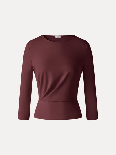 Oglmove Cotton Lyocell Round Neck 3/4 Sleeve Tucked Top In Ruby Red