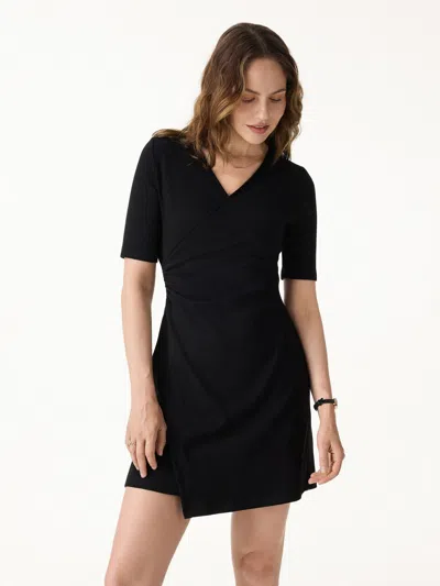 Oglmove Cotton Lyocell Surplice Ruched Fit-and-flare Mini Dress In Black