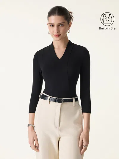 Oglmove Cotton Lyocell V-neck 3/4 Sleeve Bra Top In Black