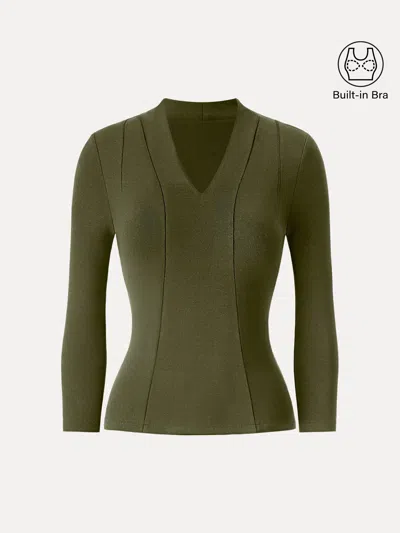 Oglmove Cotton Lyocell V-neck 3/4 Sleeve Bra Top In Green