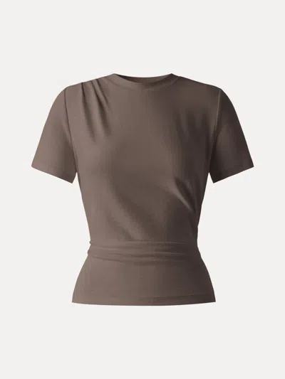 Oglmove Cotton Viscose Round Neck Tucked Summer Tee In Brown
