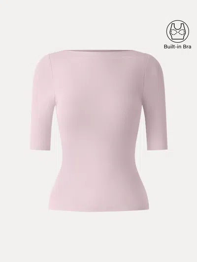 Oglmove Cotton Viscose Slash Neck 3/4 Sleeves Bra Top In Pink