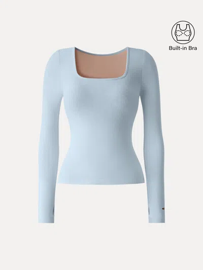 Oglmove Cotton Viscose Square Neck Long Sleeve Bra Top With Thumbholes In Blue