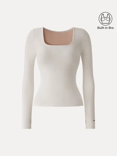 Oglmove Cotton Viscose Square Neck Long Sleeve Bra Top With Thumbholes In Brown