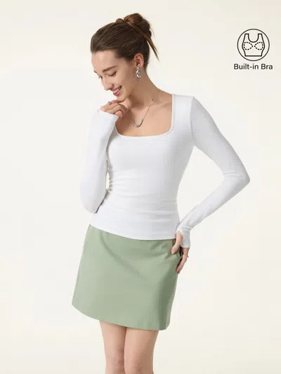 Oglmove Cotton Viscose Square Neck Long Sleeve Bra Top With Thumbholes In White