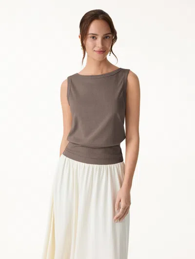 Oglmove Cotton-linen Blend Reversible Boatneck Low Back Top In Brown