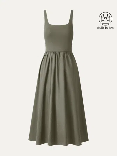 Oglmove Cotton-linen Blend Square Neck Fit-and-flare Midi Bra Dress