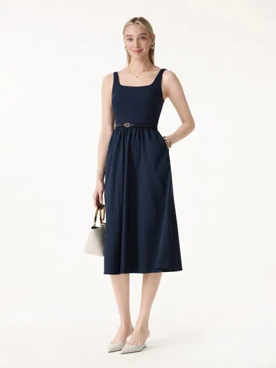 Oglmove Cotton-linen Blend Square Neck Fit-and-flare Midi Bra Dress In Blue