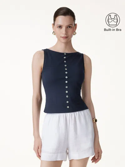 Oglmove Cotton-linen Boatneck Cropped Bra Top In Blue