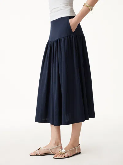 Oglmove Cotton-linen Gathered Midi Skirt With Pockets In Blue