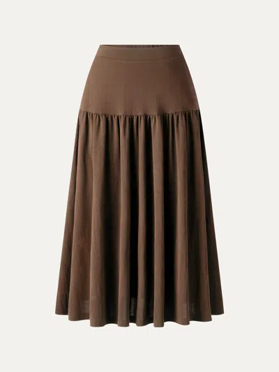 Oglmove Cotton-linen Gathered Midi Skirt With Pockets In Brown