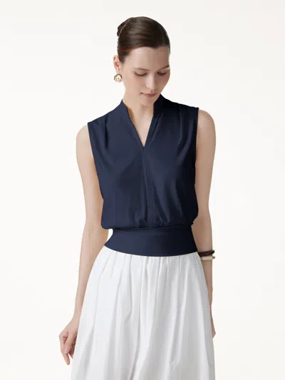 Oglmove Cotton-viscose V-neck Stand Collar Sleeveless Top In Blue