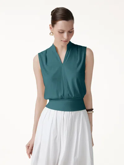 Oglmove Cotton-viscose V-neck Stand Collar Sleeveless Top In Blue