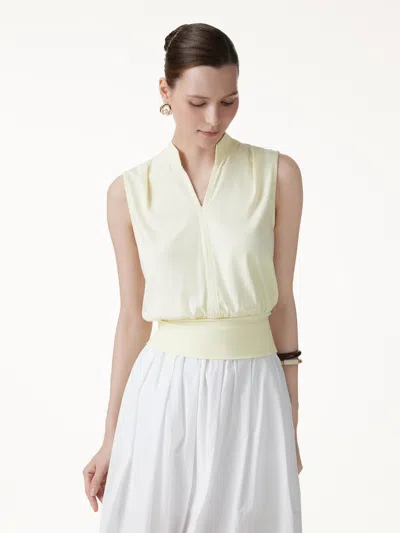 Oglmove Cotton-viscose V-neck Stand Collar Sleeveless Top In Yellow