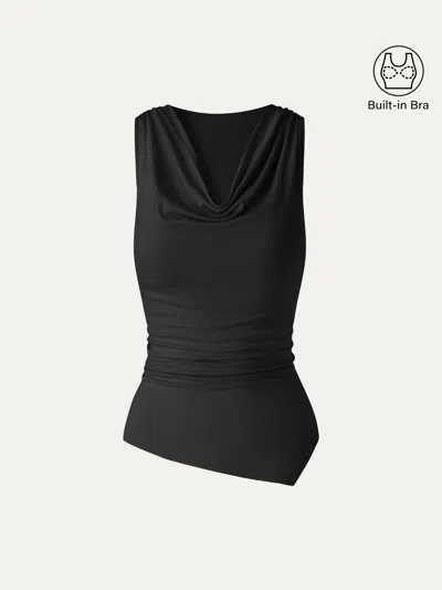 Oglmove Cowl Neck Asymmetrical Sleeveless Bra Top In Black