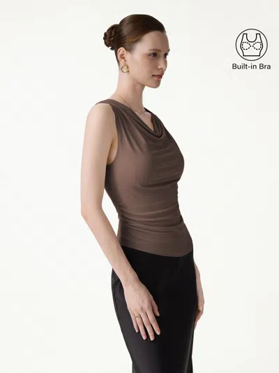 Oglmove Cowl Neck Asymmetrical Sleeveless Bra Top In Brown