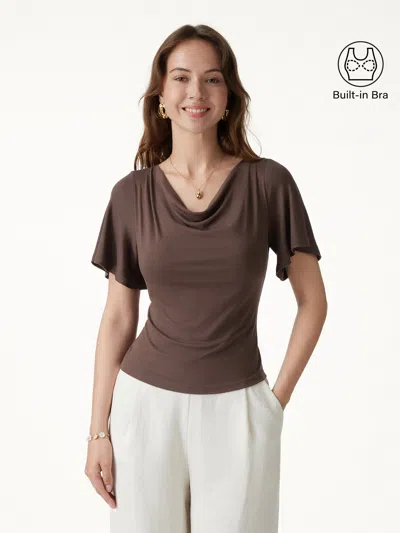 Oglmove Cowl Neck Flutter Sleeve Bra Top In Brown