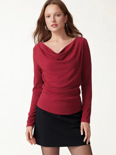 Oglmove Cowl Neck Long Sleeve Draped Top In Brick