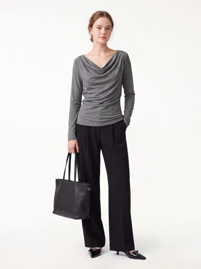 Oglmove Cowl Neck Long Sleeve Draped Top In Heather Charcoal