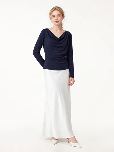 Oglmove Cowl Neck Long Sleeve Draped Top In Smoky Navy