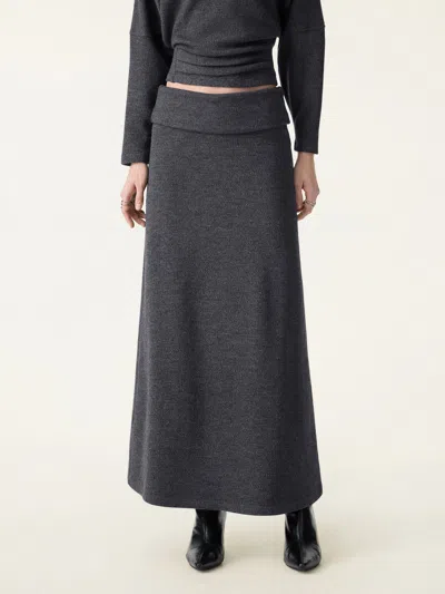 Oglmove Cozy Ribbed Fold-down Waistband A-line Maxi Skirt In Black