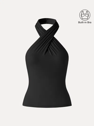 Oglmove Criss Cross Halter Neck Going-out Bra Top In Black