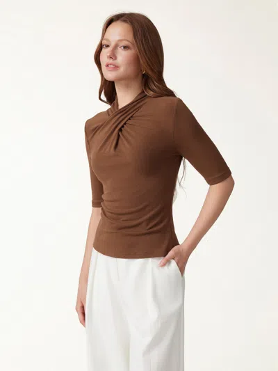 Oglmove Crisscross Mock Neck Elbow Sleeve Ruched Top In Sweet Hazelnut