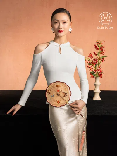 Oglmove Cutout Shoulder Mandarin Collar Going-out Bra Top Limited Edition In White