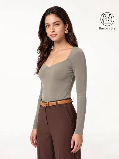 Oglmove Diamond Neck Long Sleeve Bra Top In Griege