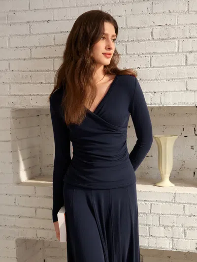 Oglmove Eco-miyamoon® Surplice Ruched Long Sleeve Top In Navy