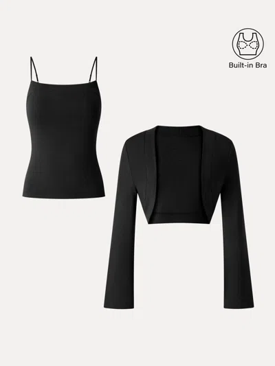 Oglmove Eco-mousse® 2-piece Top Set Square Neck Spaghetti Strap Bell Sleeve Bra Cami In Black