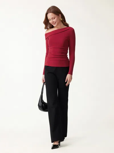 Oglmove Eco-mousse® Asymmetrical Neck Long Sleeve Bra Top In Brick