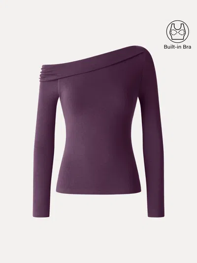 Oglmove Eco-mousse® Asymmetrical Neck Long Sleeve Bra Top In Deep Fig