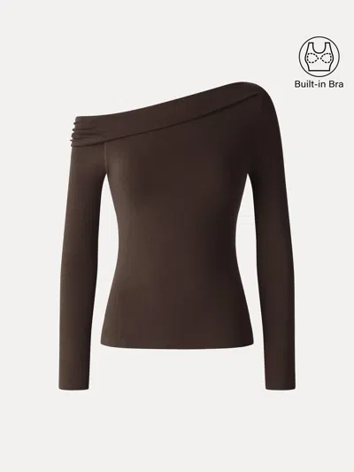 Oglmove Eco-mousse® Asymmetrical Neck Long Sleeve Bra Top In Espresso Shut