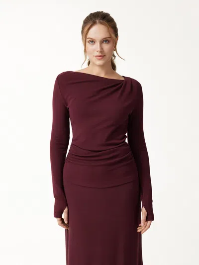 Oglmove Eco-mousse® Asymmetrical Neck Long Sleeve Ruched Top In Burgundy