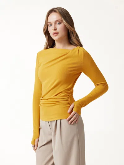 Oglmove Eco-mousse® Asymmetrical Neck Long Sleeve Ruched Top In Sandy Yellow