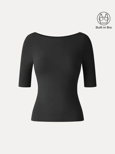 Oglmove Eco-mousse® Boatneck Elbow Sleeve Bra Top In Black